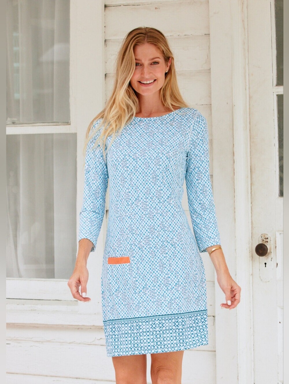 CABANA LIFE Women Sag Harbor Blues- Pocket 3/4 Sleeve Shift Mini Dress- UPF 50+